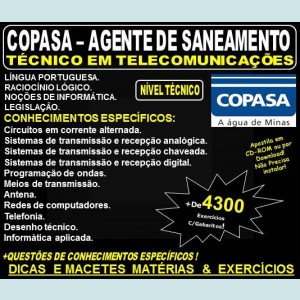 Apostila COPASA AGENTE de SANEAMENTO - TÉCNICO em TELECOMUNICAÇÕES - Teoria + 4.300 Exercícios - Concurso 2018