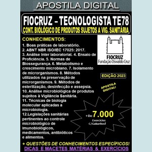 Apostila FIOCRUZ - Tecnologista TE78 - CONTROLE MICROBIOLÓGICO de PRODUTOS SUJEITOS a VIGILÂNCIA SANITÁRIA - Teoria + 7.000 Exercícios - Concurso 2023