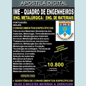 APOSTILA IME - QUADRO de ENGENHEIROS - ENGENHARIA METALÚRGICA / ENGENHARIA de MATERIAIS - Teoria + 10.800 Exercícios - Concurso 2023