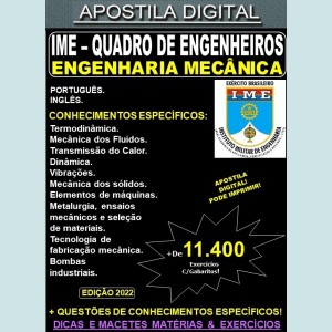 APOSTILA IME - QUADRO de ENGENHEIROS - ENGENHARIA MECÂNICA - Teoria + 11.400 Exercícios - Concurso 2023