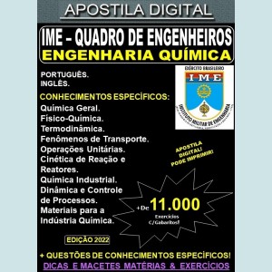 APOSTILA IME - QUADRO de ENGENHEIROS - ENGENHARIA QUÍMICA - Teoria + 11.000 Exercícios - Concurso 2023
