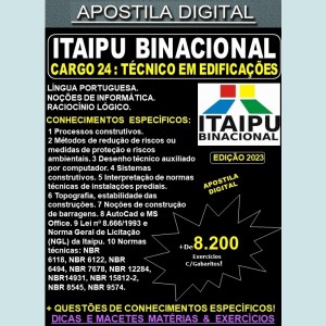 Apostila ITAIPU - Cargo 24 - TÉCNICO em EDIFICAÇÕES - Teoria + 8.200 Exercícios - Concurso 2023