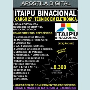 Apostila ITAIPU - Cargo 27 - TÉCNICO em ELETRÔNICA - Teoria + 8.300 Exercícios - Concurso 2023