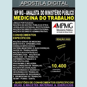 Apostila MP MG - ANALISTA do MINISTÉRIO PÚBLICO - Medicina: MEDICINA DO TRABALHO - Teoria + 10.400 Exercícios - Concurso 2022