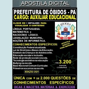 Apostila Prefeitura de ÓBIDOS - AUXILIAR EDUCACIONAL - Teoria + 3.200 Exercícios - Concurso 2021