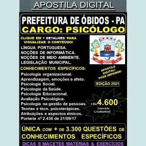 Apostila Prefeitura de ÓBIDOS - PSICÓLOGO - Teoria + 4.600 Exercícios - Concurso 2021