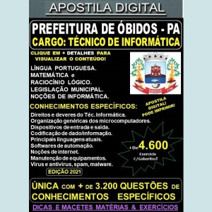 Apostila Prefeitura de ÓBIDOS - TÉCNICO DE INFORMÁTICA - Teoria + 4.600 Exercícios - Concurso 2021