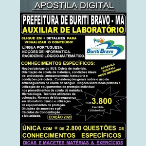 Apostila Prefeitura de BURITI BRAVO MA - AUXILIAR de LABORATÓRIO - Teoria + 3.800 Exercícios - Concurso 2020