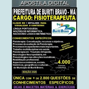 Apostila Prefeitura de BURITI BRAVO MA - FISIOTERAPEUTA - Teoria + 4.000 Exercícios - Concurso 2020