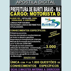 Apostila Prefeitura de BURITI BRAVO MA - MOTORISTA D - Teoria + 3.000 Exercícios - Concurso 2020