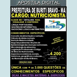 Apostila Prefeitura de BURITI BRAVO MA - NUTRICIONISTA - Teoria + 4.200 Exercícios - Concurso 2020