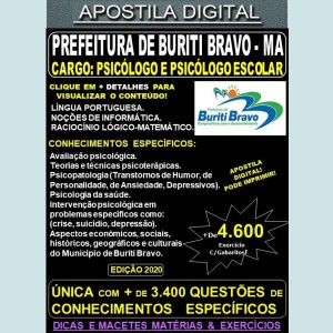 Apostila Prefeitura de BURITI BRAVO MA - PSICÓLOGO e PSICÓLOGO ESCOLAR - Teoria + 4.600 Exercícios - Concurso 2020
