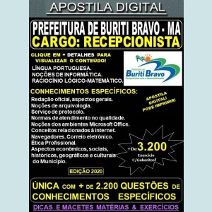 Apostila Prefeitura de BURITI BRAVO MA - RECEPCIONISTA - Teoria + 3.200 Exercícios - Concurso 2020