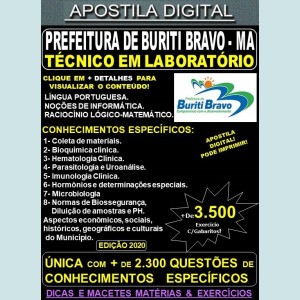 Apostila Prefeitura de BURITI BRAVO MA - TÉCNICO EM LABORATÓRIO - Teoria + 3.500 Exercícios - Concurso 2020
