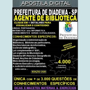 Apostila Prefeitura de Diadema SP - AGENTE DE BIBLIOTECA - Teoria +4.000 Exercícios - Concurso 2020