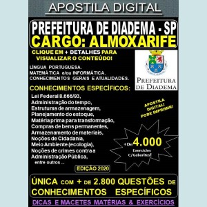 Apostila Prefeitura de Diadema SP - ALMOXARIFE - Teoria +4.000 Exercícios - Concurso 2020