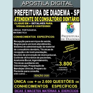 Apostila Prefeitura de Diadema SP - ATENDENTE DE CONSULTÓRIO DENTÁRIO - Teoria +3.800 Exercícios - Concurso 2020