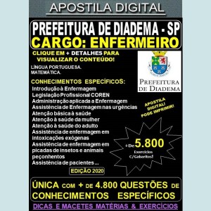 Apostila Prefeitura de Diadema SP - ENFERMEIRO - Teoria + 5.800 Exercícios - Concurso 2020