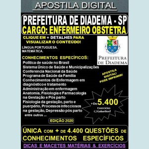Apostila Prefeitura de Diadema SP - ENFERMEIRO OBSTETRA - Teoria + 5.400 Exercícios - Concurso 2020