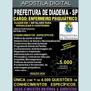 Apostila Prefeitura de Diadema SP - ENFERMEIRO PSIQUIÁTRICO - Teoria + 5.000 Exercícios - Concurso 2020