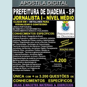 Apostila Prefeitura de Diadema SP - JORNALISTA I - NÍVEL MÉDIO - Teoria +4.200 Exercícios - Concurso 2020