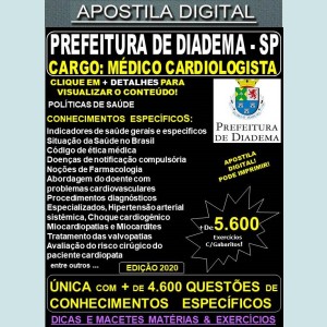 Apostila Prefeitura de Diadema SP - MÉDICO CARDIOLOGISTA - Teoria + 5.600 Exercícios - Concurso 2020