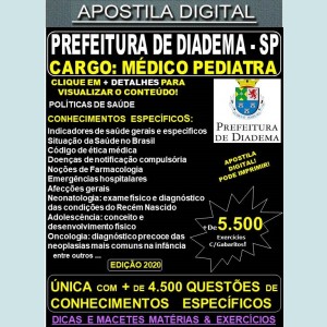 Apostila Prefeitura de Diadema SP - MÉDICO PEDIATRA - Teoria + 5.500 Exercícios - Concurso 2020