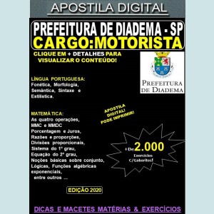  Apostila Prefeitura Municipal de DIADEMA SP - MOTORISTA - Teoria + 2.000 Exercícios - Concurso 2020 