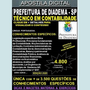 Apostila Prefeitura de Diadema SP - TÉCNICO EM CONTABILIDADE - Teoria +4.800 Exercícios - Concurso 2020