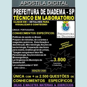 Apostila Prefeitura de Diadema SP - TÉCNICO EM LABORATÓRIO - Teoria +3.800 Exercícios - Concurso 2020