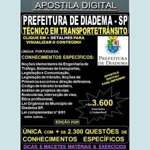Apostila Prefeitura de Diadema SP - TÉCNICO EM TRANSPORTE / TRÂNSITO - Teoria +3.600 Exercícios - Concurso 2020