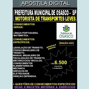 Apostila Prefeitura de OSASCO - MOTORISTA de TRANSPORTES LEVES - Teoria + 6.500 Exercícios - Concurso 2023
