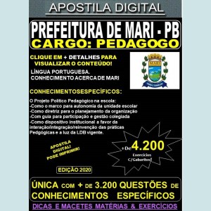 Apostila PREFEITURA de MARI PB - PEDAGOGO - Teoria + 4.200 Exercícios - Concurso 2020