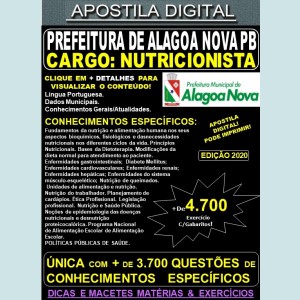 Apostila Prefeitura de ALAGOA NOVA PB - NUTRICIONISTA - Teoria + 4.700 Exercícios - Concurso 2020