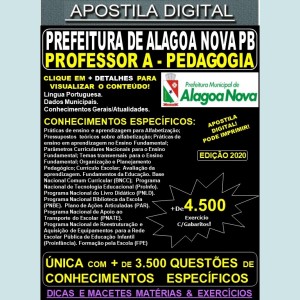 Apostila Prefeitura de ALAGOA NOVA PB - Professor A - PEDAGOGIA - Teoria + 4.500 Exercícios - Concurso 2020