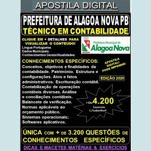Apostila Prefeitura de ALAGOA NOVA PB - TÉCNICO EM CONTABILIDADE - Teoria + 4.200 Exercícios - Concurso 2020