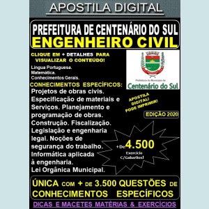 Apostila PREFEITURA de CENTENÁRIO do SUL PR - ENGENHEIRO CIVIL - Teoria + 4.500 Exercícios - Concurso 2020