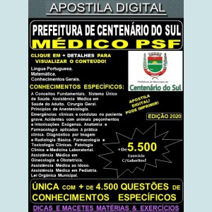 Apostila PREFEITURA de CENTENÁRIO do SUL PR - MÉDICO PSF - Teoria + 5.500 Exercícios - Concurso 2020