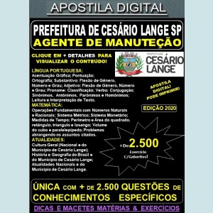 Apostila Prefeitura de CESÁRIO LANGE SP - AGENTE de MANUTENÇÃO - Teoria + 2.500 Exercícios - Concurso 2020