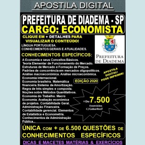 Apostila Prefeitura de Diadema SP - ECONOMISTA - Teoria + 7.500 Exercícios - Concurso 2020