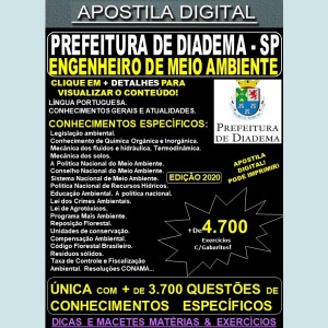 Apostila Prefeitura de Diadema SP - ENGENHEIRO MEIO AMBIENTE - Teoria + 4.700 Exercícios - Concurso 2020