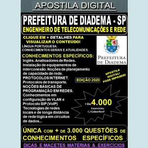 Apostila Prefeitura de Diadema SP - ENGENHEIRO de TELECOMUNICAÇÕES e REDE - Teoria + 4.000 Exercícios - Concurso 2020