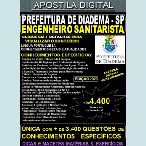 Apostila Prefeitura de Diadema SP - ENGENHEIRO SANITARISTA - Teoria + 4.400 Exercícios - Concurso 2020