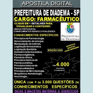 Apostila Prefeitura de Diadema SP - FARMACÊUTICO - Teoria + 4.000 Exercícios - Concurso 2020