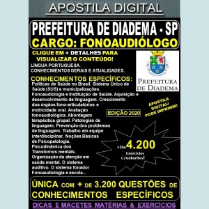 Apostila Prefeitura de Diadema SP - FONOAUDIÓLOGO - Teoria + 4.200 Exercícios - Concurso 2020