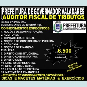 Apostila Prefeitura Municipal de Governador Valadares MG - AUDITOR FISICAL de TRIBUTOS - Teoria + 6.500 Exercícios - Concurso 2019