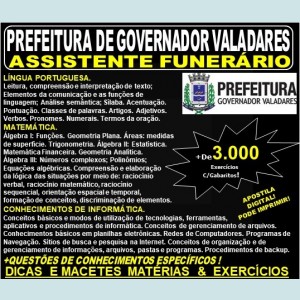Apostila Prefeitura Municipal de Governador Valadares MG - ASSISTENTE FUNERÁRIO - Teoria + 3.000 Exercícios - Concurso 2019
