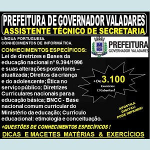 Apostila Prefeitura Municipal de Governador Valadares MG - ASSISTENTE TÉCNICO de SECRETARIA - Teoria + 3.100 Exercícios - Concurso 2019