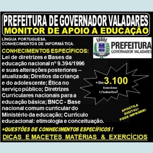Apostila Prefeitura Municipal de Governador Valadares MG - MONITOR de APOIO à EDUCAÇÃO - Teoria + 3.100 Exercícios - Concurso 2019