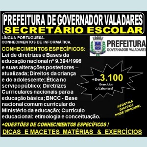 Apostila Prefeitura Municipal de Governador Valadares MG - SECRETÁRIO ESCOLAR - Teoria + 3.100 Exercícios - Concurso 2019